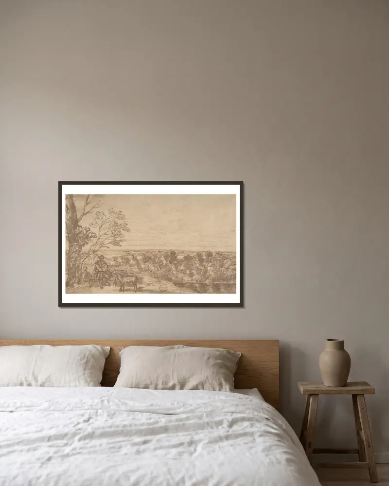 Landschaft mit Figuren von Jan Lievens gerahmt an einer Wand
