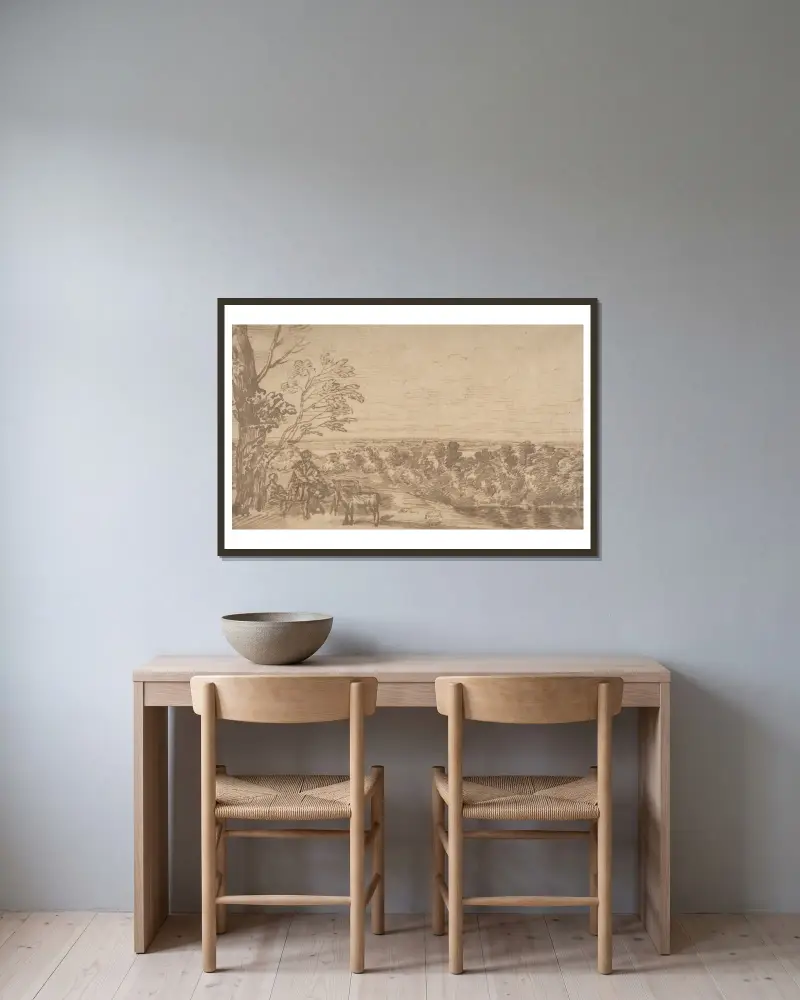 Landschaft mit Figuren von Jan Lievens gerahmt an einer Wand