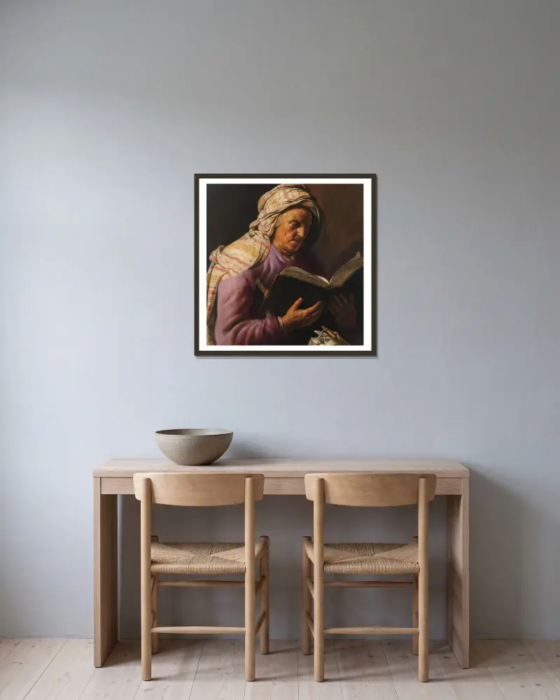 Old Woman Reading av Jan Lievens inramad på en vägg