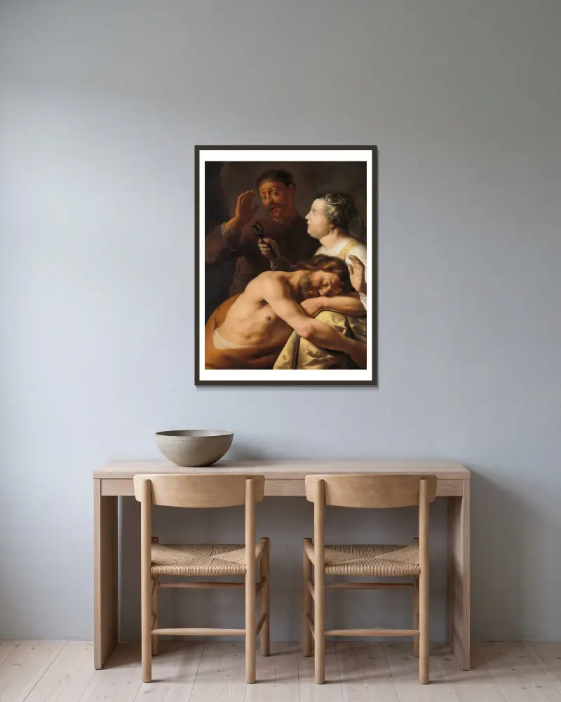 Simson und Delila von Jan Lievens gerahmt an einer Wand
