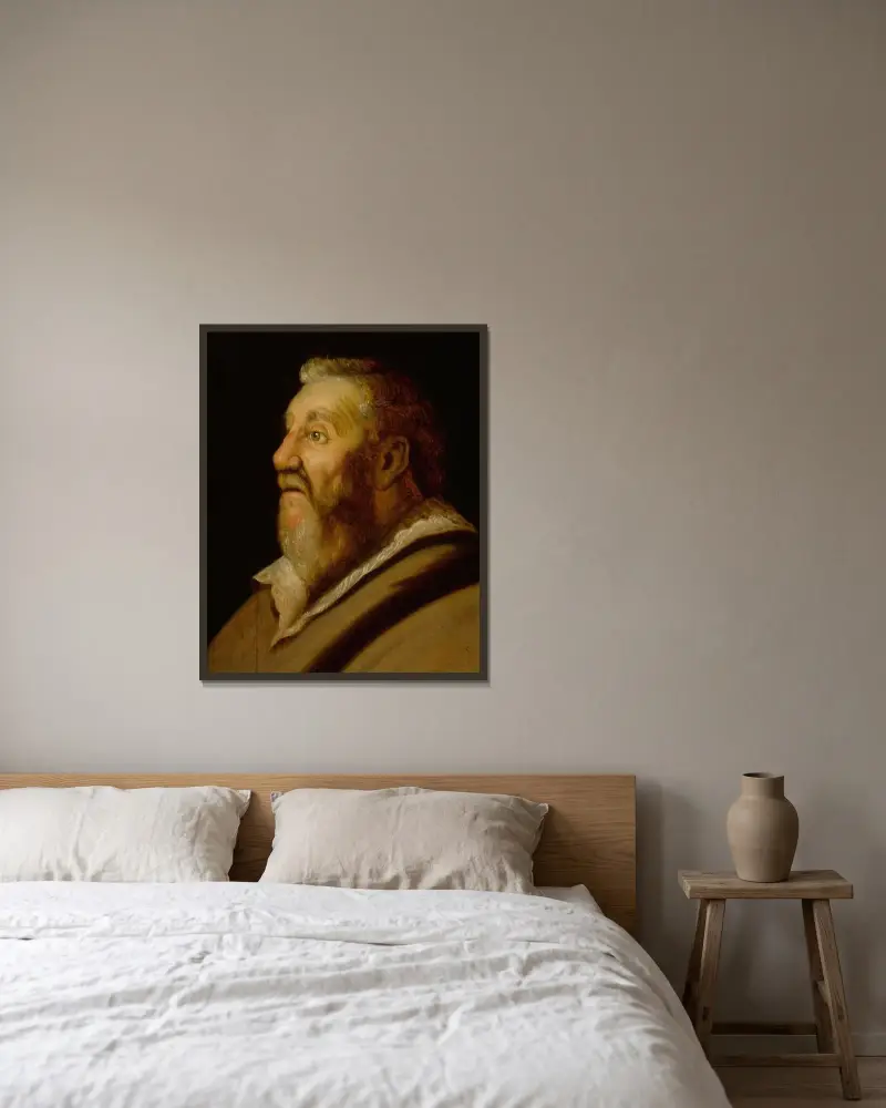 Studie av en man som tittar upp av Jan Lievens inramad på en vägg
