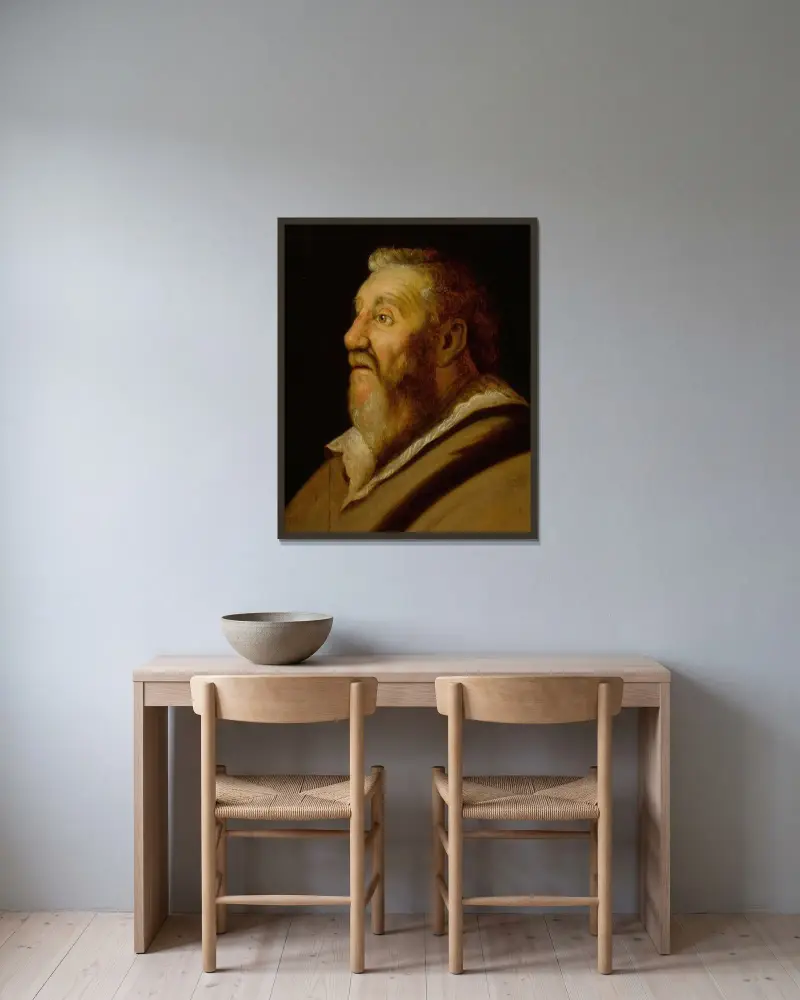 Studie av en man som tittar upp av Jan Lievens inramad på en vägg