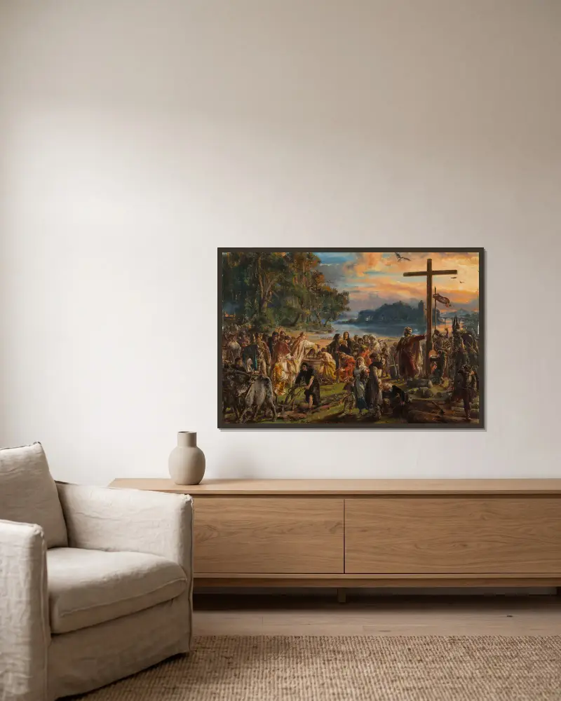 Adoption of Christianity, 965 AD, from the series “History of Civilization in Poland” av Jan Matejko inramad på en vägg