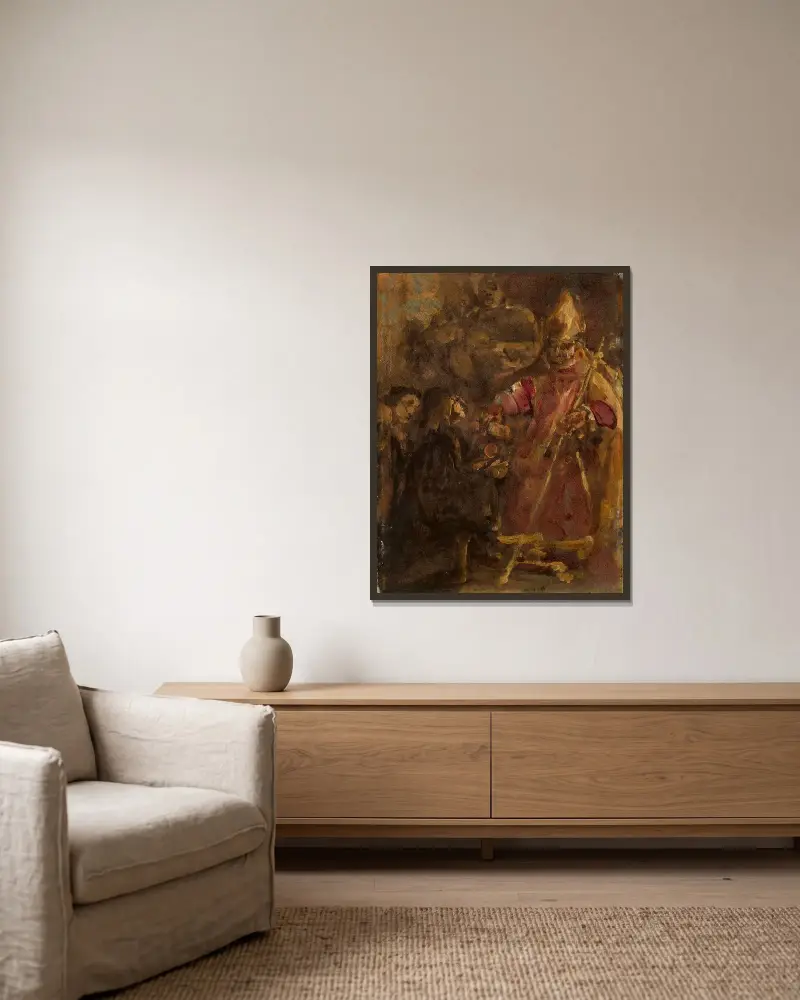 Biskop Lubrański grundar den kyrkliga akademin i Poznań, skiss av Jan Matejko inramad på en vägg