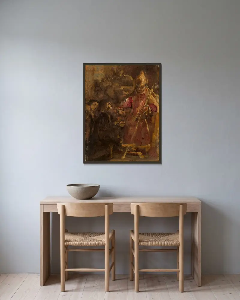 Biskop Lubrański grundar den kyrkliga akademin i Poznań, skiss av Jan Matejko inramad på en vägg