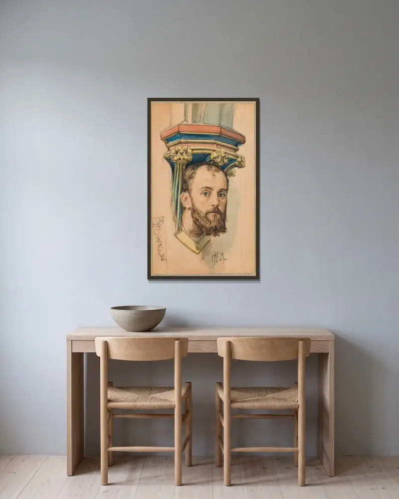 Konsol i form av ett manshuvud (porträtt av T. Stryjeński) av Jan Matejko inramad på en vägg