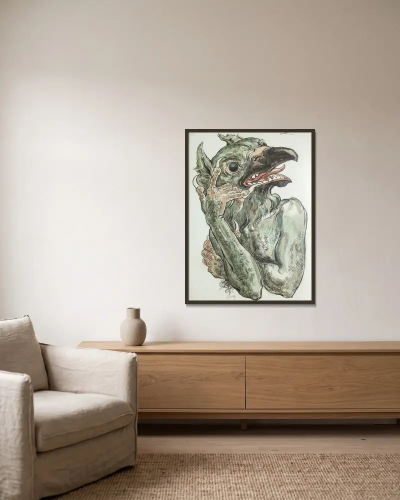 Djävul med fågelhuvud av Jan Matejko inramad på en vägg
