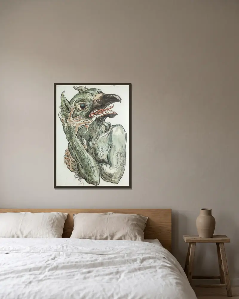 Djävul med fågelhuvud av Jan Matejko inramad på en vägg