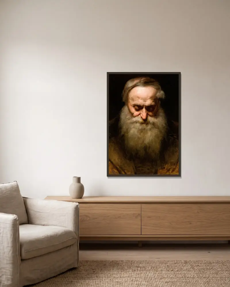 Porträtt av en gammal man med grått skägg av Jan Matejko inramad på en vägg