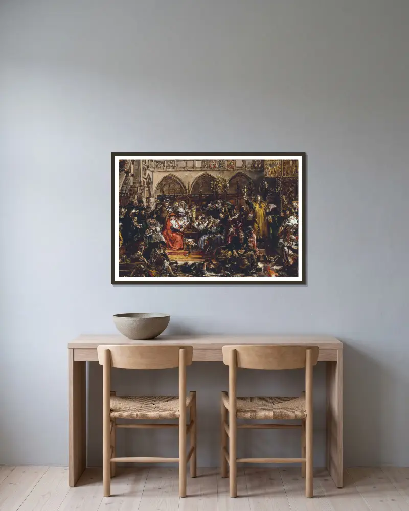 Influence of the university on the country, from the series “History of Civilization in Poland” av Jan Matejko inramad på en vägg