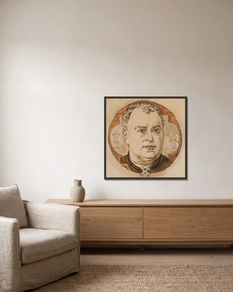 Kartong för polykromi i Mariakyrkan – Manligt huvud och bokstäverna I, B, X (präst Jan Bukowski) av Jan Matejko inramad på en vägg