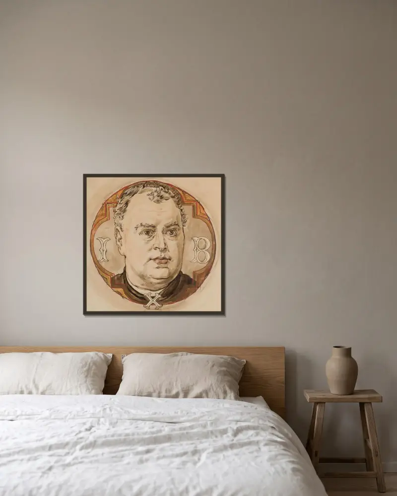 Kartong för polykromi i Mariakyrkan – Manligt huvud och bokstäverna I, B, X (präst Jan Bukowski) av Jan Matejko inramad på en vägg