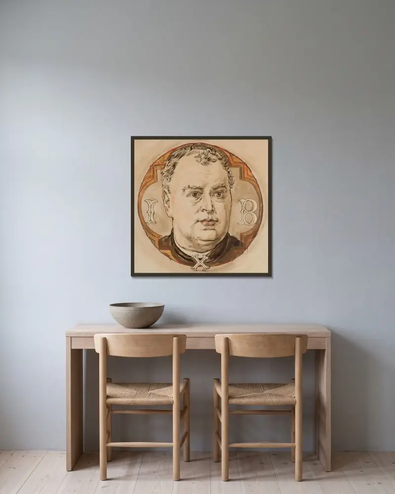 Kartong för polykromi i Mariakyrkan – Manligt huvud och bokstäverna I, B, X (präst Jan Bukowski) av Jan Matejko inramad på en vägg