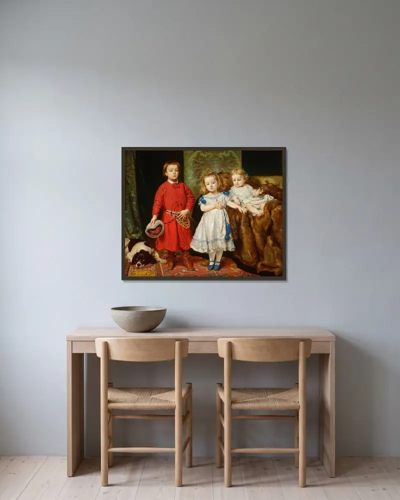 Porträtt av konstnärens tre barn, Tadeusz, Helena och Beata av Jan Matejko inramad på en vägg
