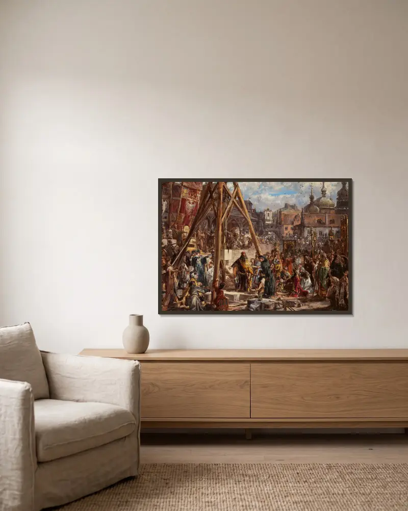 Retaking of Rus. Wealth and Education, 1366 AD, from the series “History of Civilization in Poland” av Jan Matejko inramad på en vägg