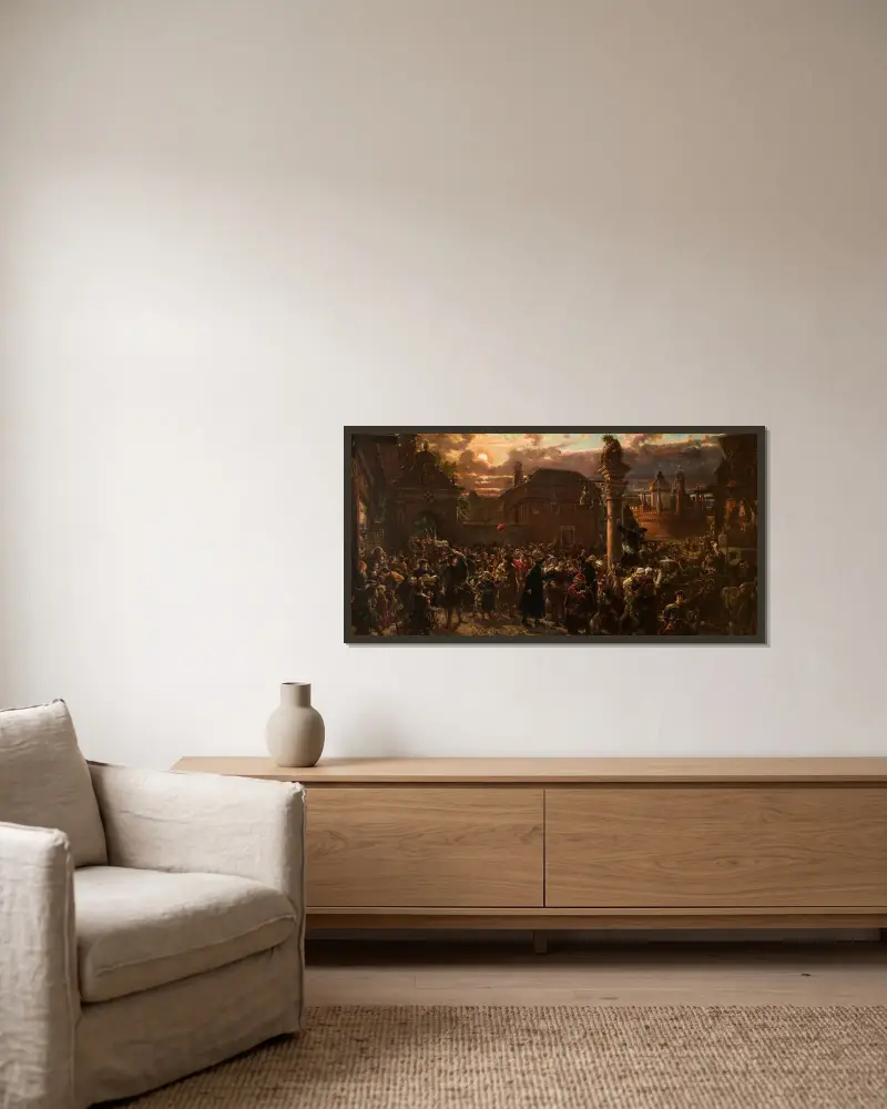 Studenter som lämnar Kraków 1549 av Jan Matejko inramad på en vägg