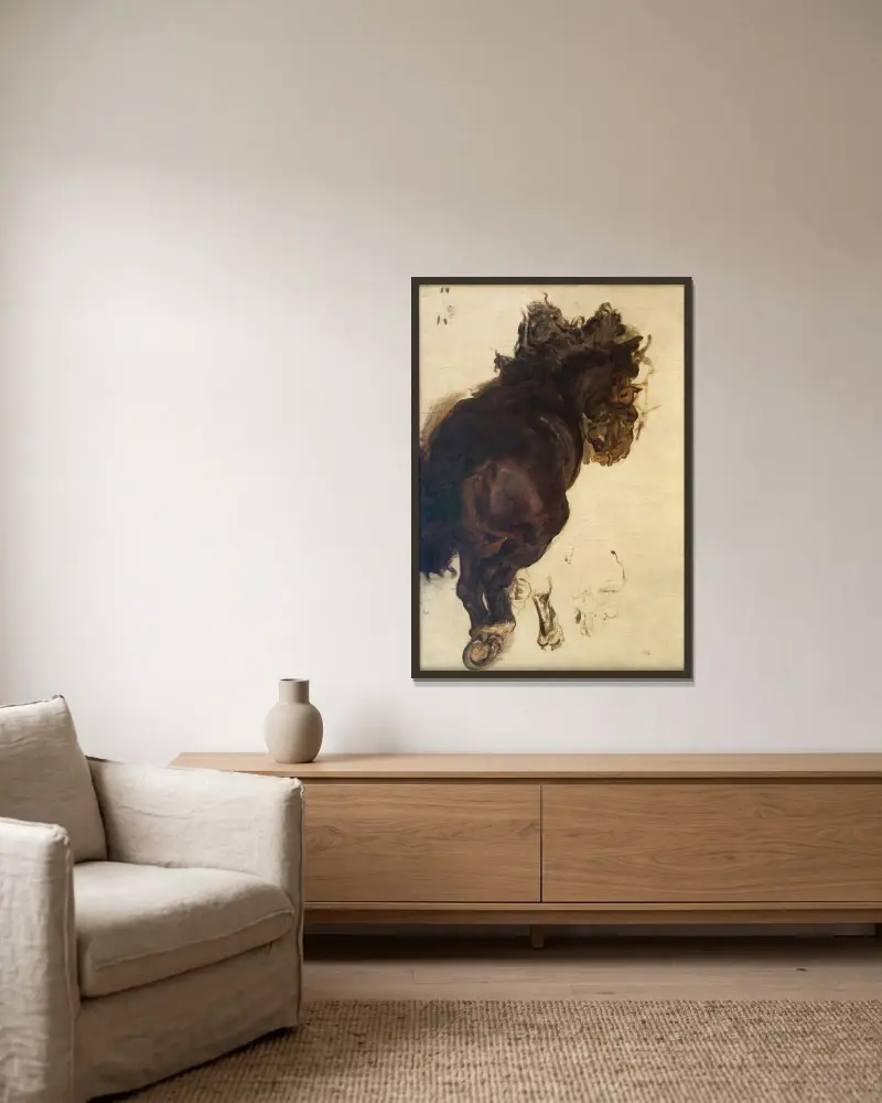 Studie av en liggande häst av Jan Matejko inramad på en vägg