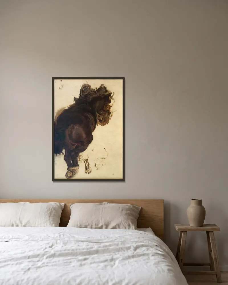 Studie av en liggande häst av Jan Matejko inramad på en vägg