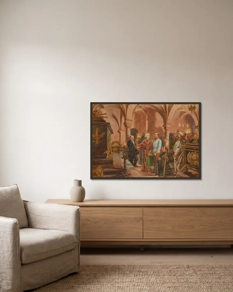 Kejsaren framför Johann III Sobieskis sarkofag i Sankt Leonards krypta under Wawelkatedralen av Jan Matejko inramad på en vägg