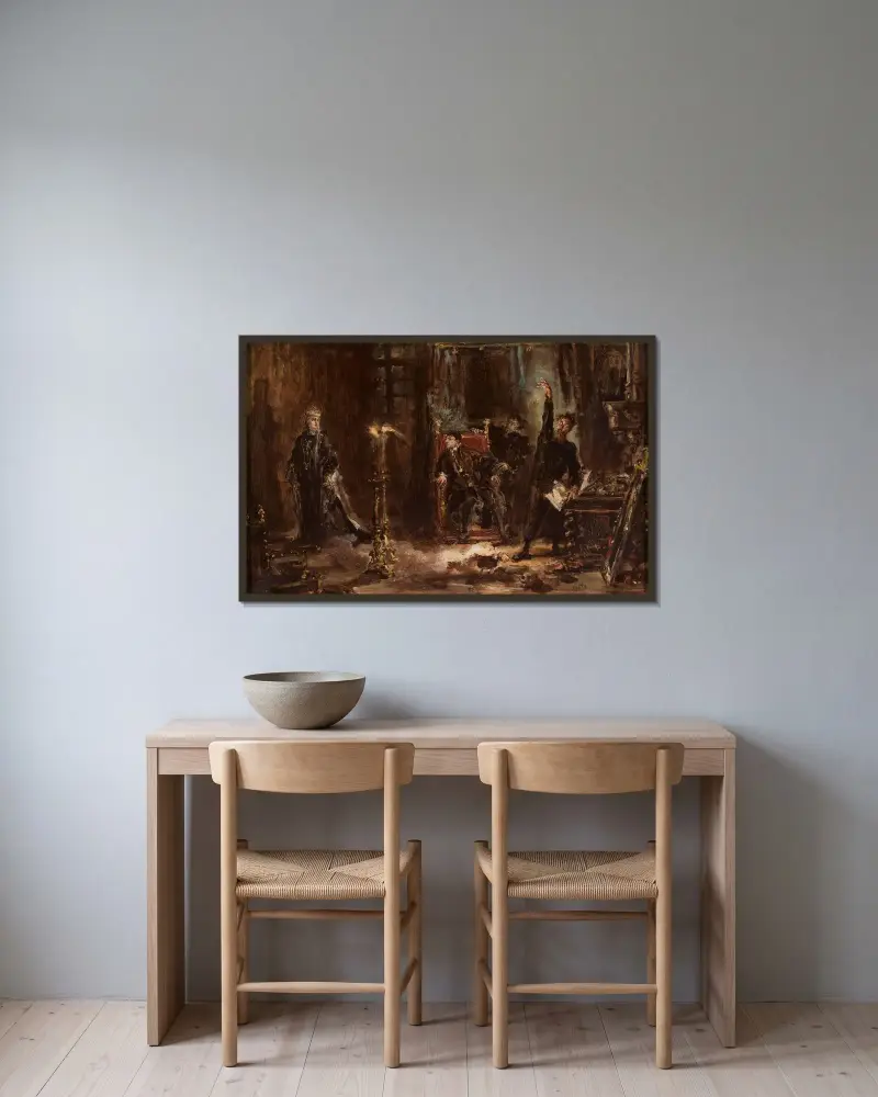 Twardowski frammanar Barbaras ande för Sigismund Augustus, skiss av Jan Matejko inramad på en vägg