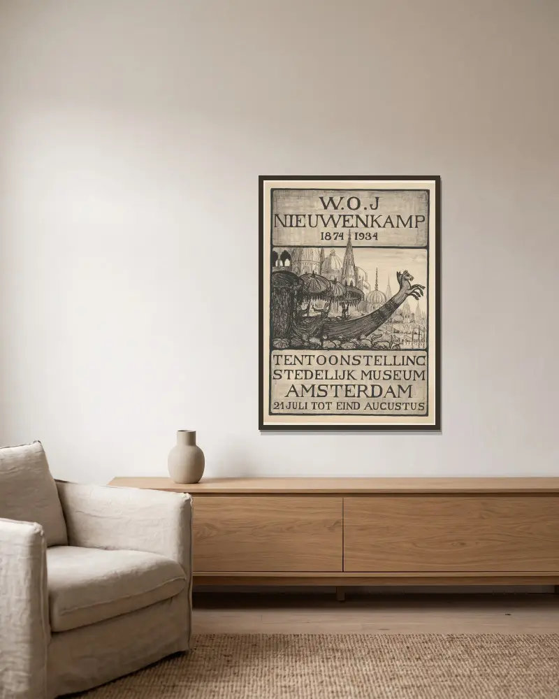 Affiche voor de tentoonstelling van W.O.J. Nieuwenkamp in het Stedelijk Museum te Amsterdam, 1934 av Wijnand Otto Jan Nieuwenkamp inramad på en vägg