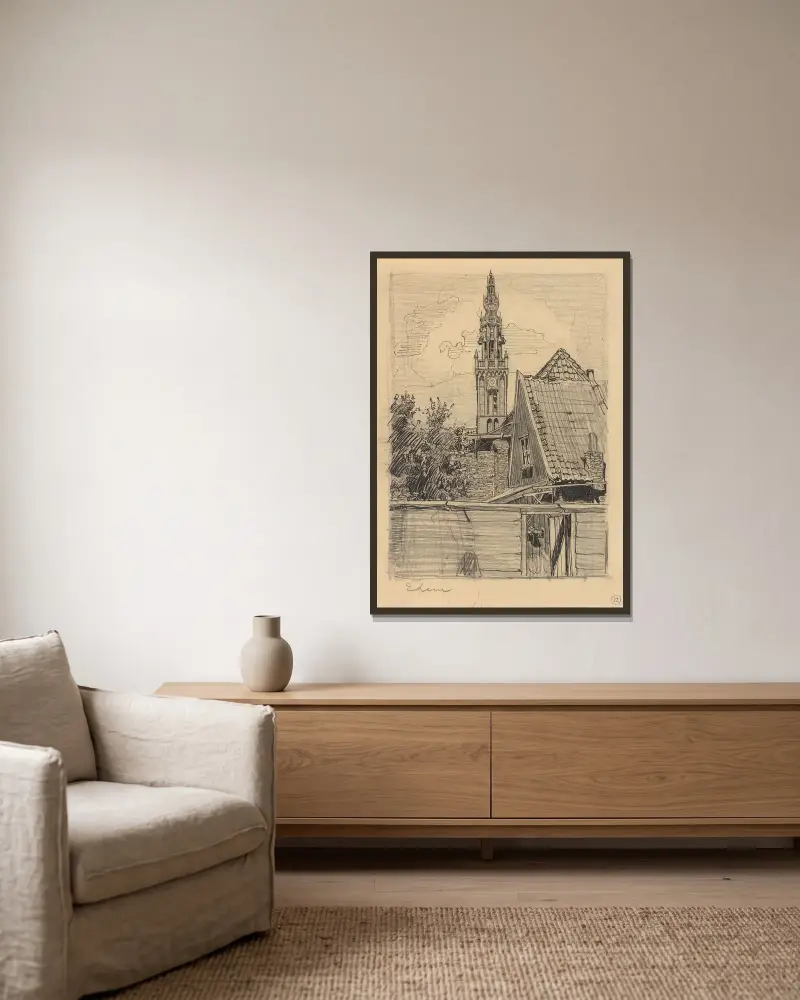 Widok na Speeltoren przy kościele Onze-Lieve-Vrouwekerk w Edam, Wijnand Otto Jan Nieuwenkamp w ramie na ścianie