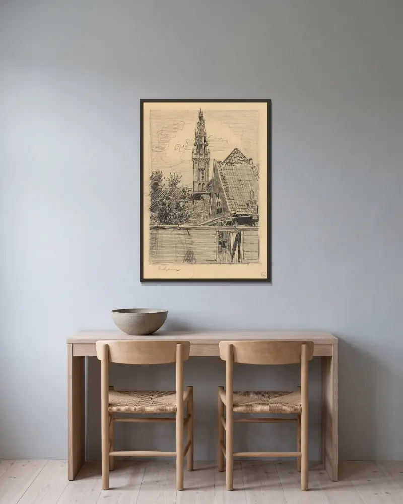 Widok na Speeltoren przy kościele Onze-Lieve-Vrouwekerk w Edam, Wijnand Otto Jan Nieuwenkamp w ramie na ścianie