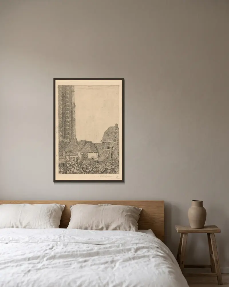 Hus vid Onze-Lieve-Vrouwetornet i Amersfoort av Wijnand Otto Jan Nieuwenkamp inramad på en vägg