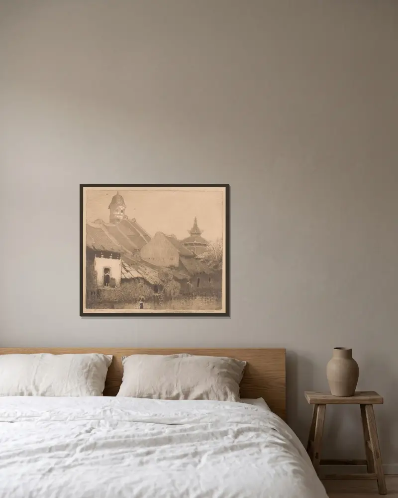 I kampongen, Semarang av Wijnand Otto Jan Nieuwenkamp inramad på en vägg