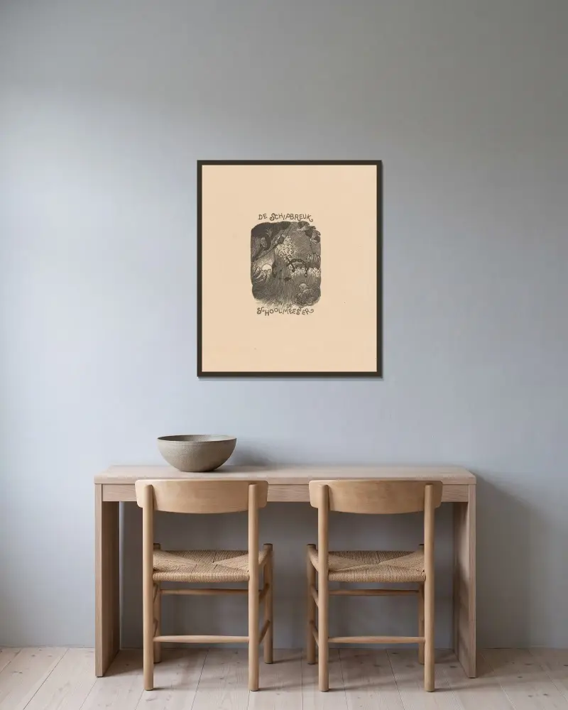 Design av en titelsida för De Schoolmeester, Skeppsbrottet av Wijnand Otto Jan Nieuwenkamp inramad på en vägg