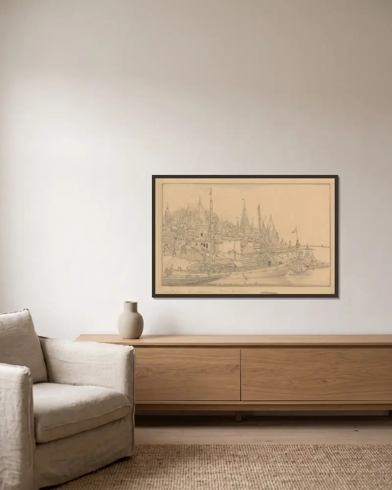 Flodvy med fartyg i Benares av Wijnand Otto Jan Nieuwenkamp inramad på en vägg