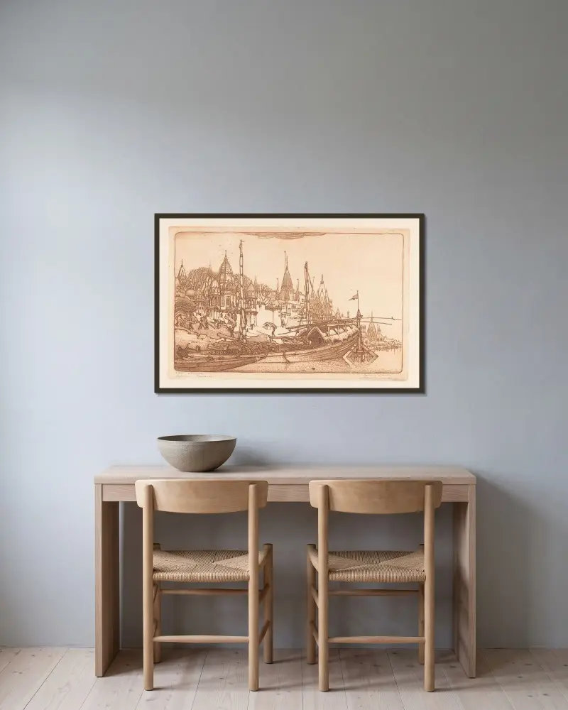 Pråm med ved, Benares av Wijnand Otto Jan Nieuwenkamp inramad på en vägg