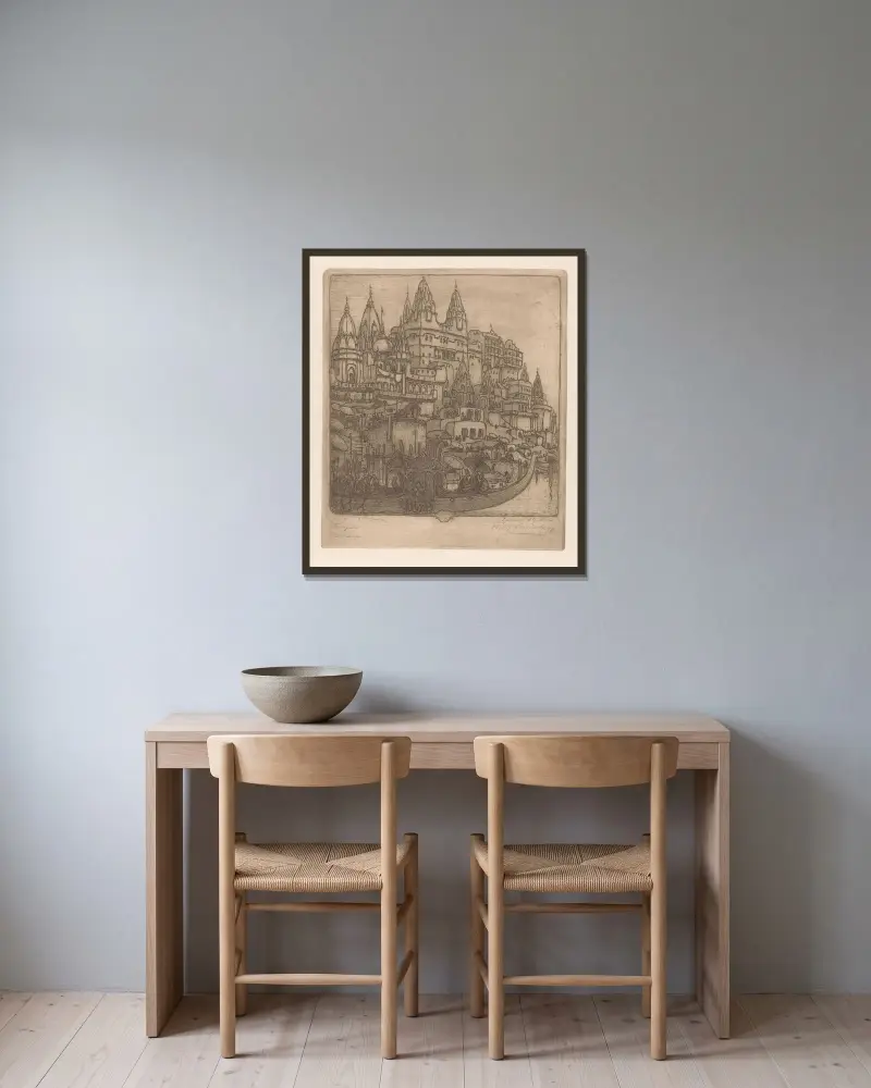Tempels, Benares av Wijnand Otto Jan Nieuwenkamp inramad på en vägg