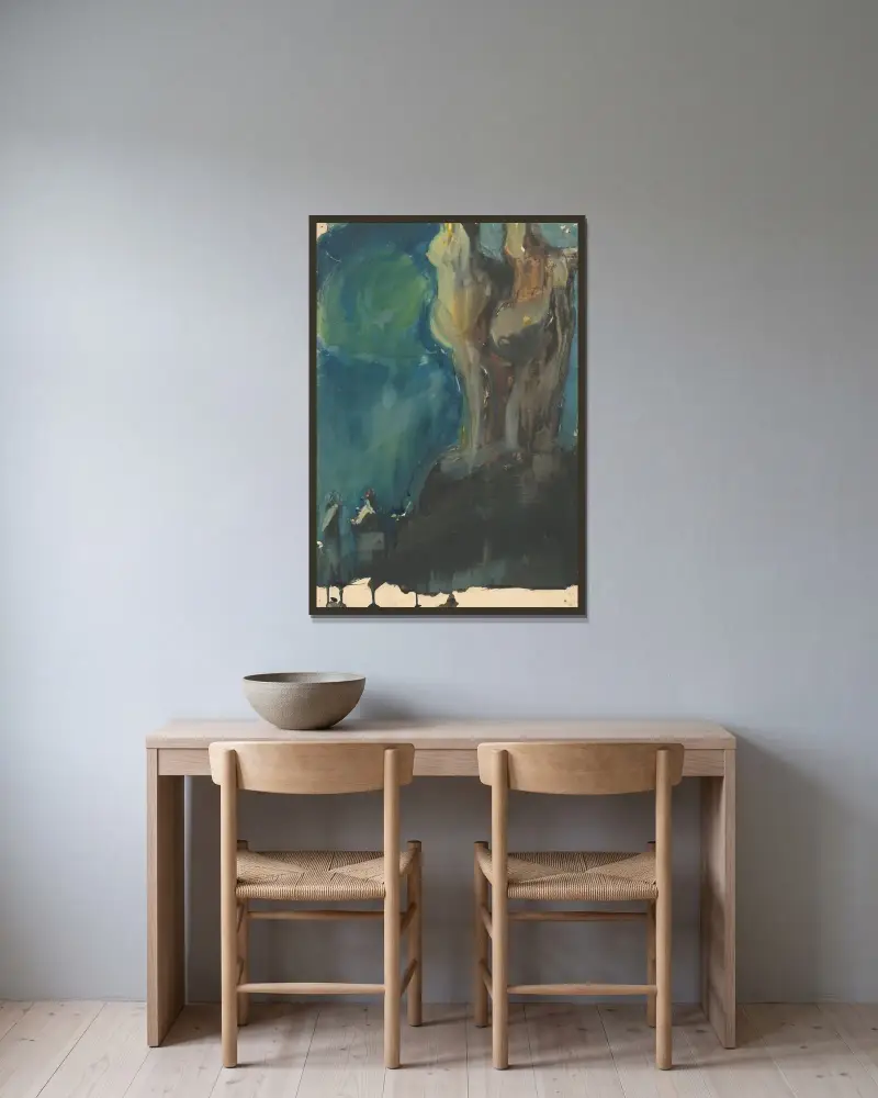 Abstrakt komposition (sagofigur) av Ján Novák inramad på en vägg