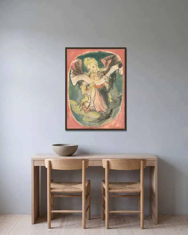 Ängel (Julsillustration) av Ján Novák inramad på en vägg
