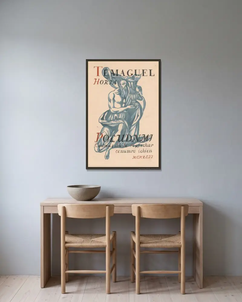 Omslagsdesign II av Ján Novák inramad på en vägg