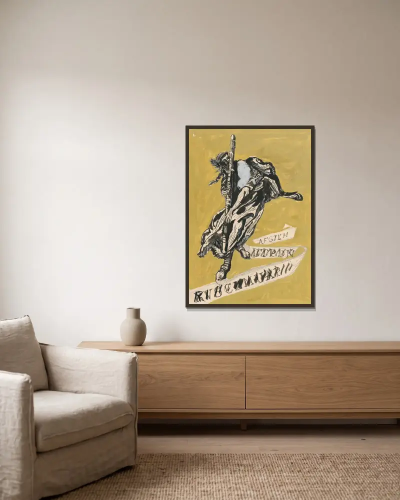 Omslagsdesign av Ján Novák inramad på en vägg