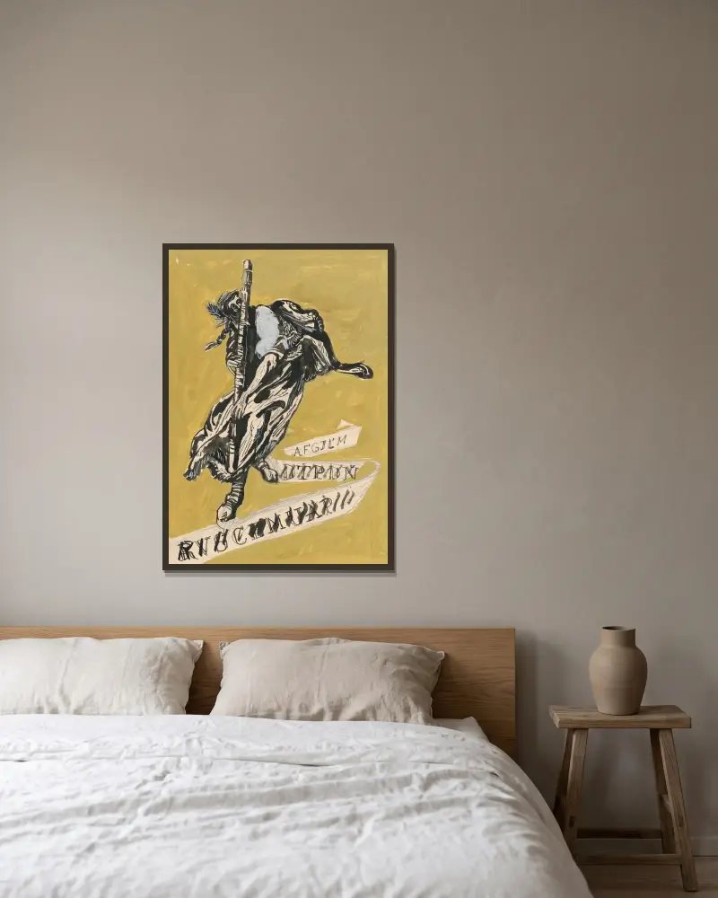 Omslagsdesign av Ján Novák inramad på en vägg