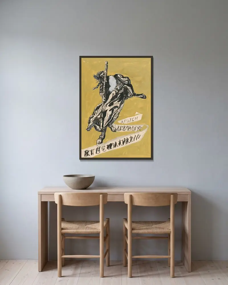 Omslagsdesign av Ján Novák inramad på en vägg