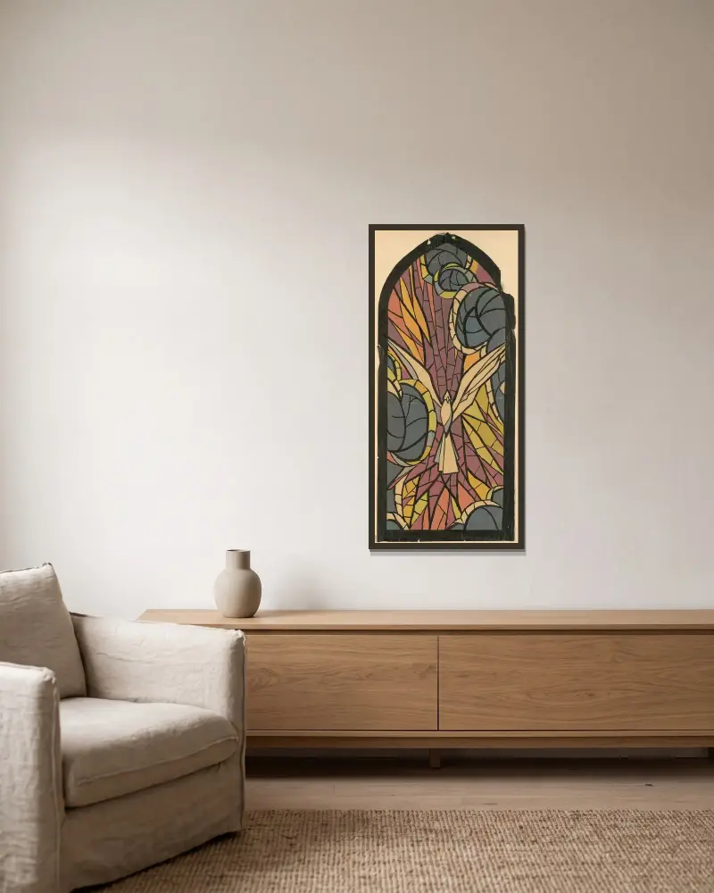 Design av glasfönster III. av Ján Novák inramad på en vägg
