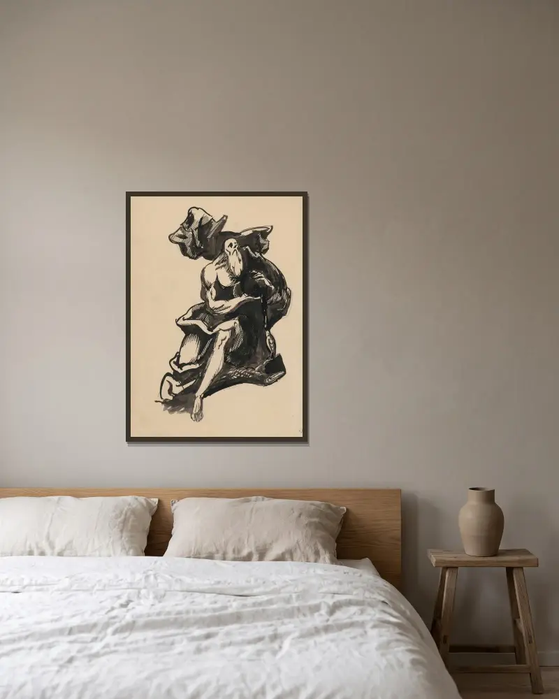 Gubbe med rosa draperi av Ján Novák inramad på en vägg