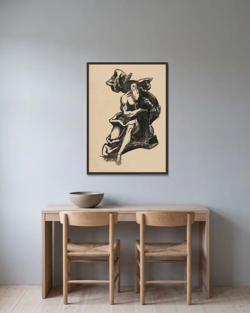 Gubbe med rosa draperi av Ján Novák inramad på en vägg