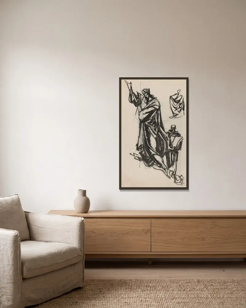 Figurstudier av Ján Novák inramad på en vägg