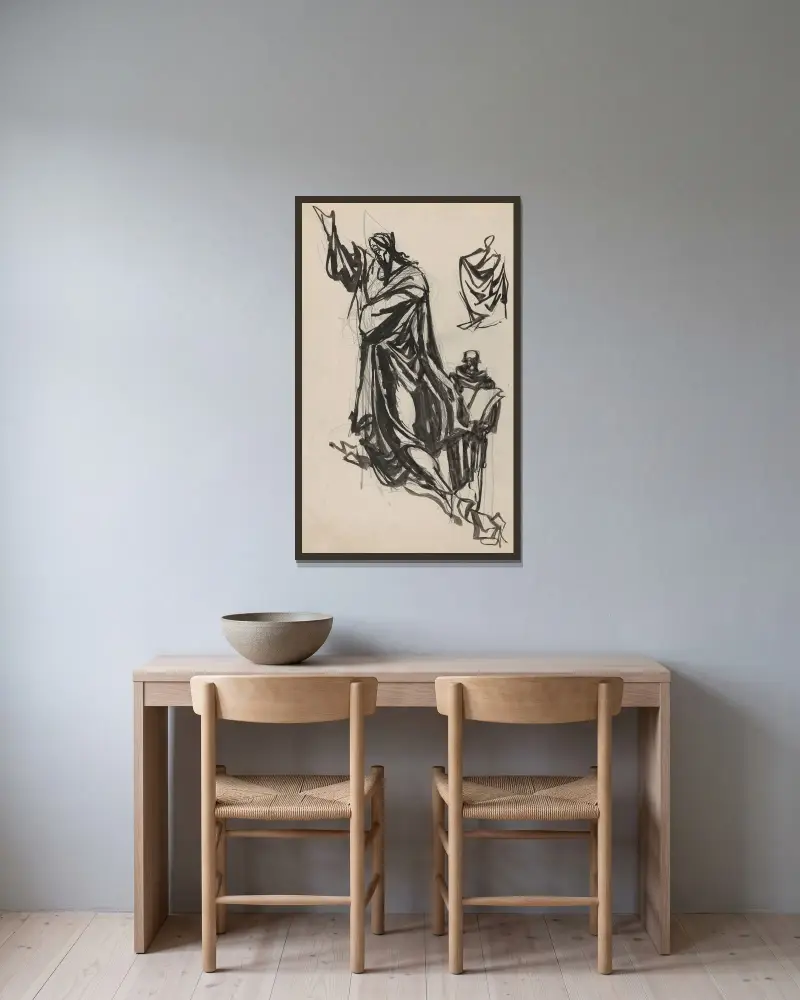 Figurstudier av Ján Novák inramad på en vägg