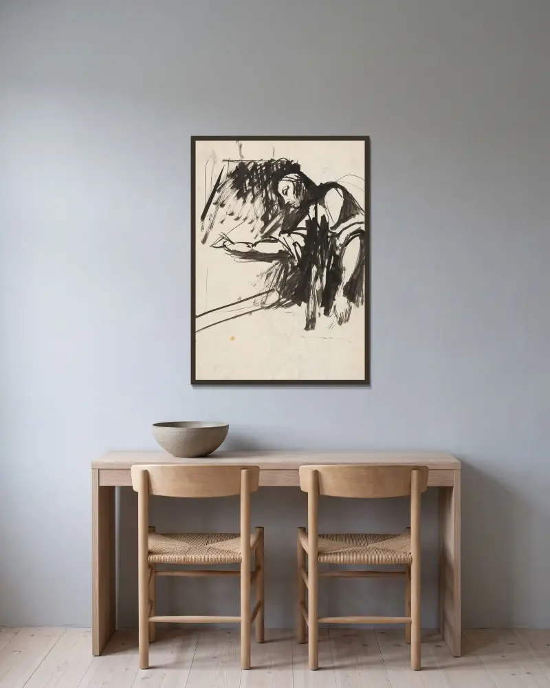 Figurstudier av Ján Novák inramad på en vägg