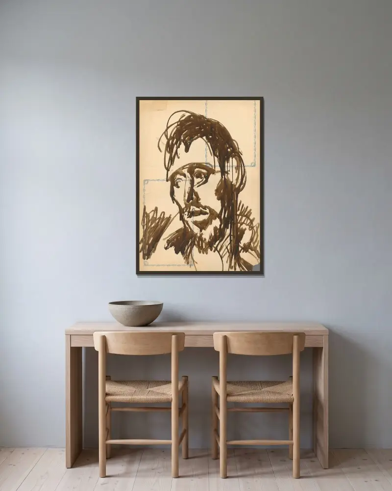 Head av Ján Novák inramad på en vägg