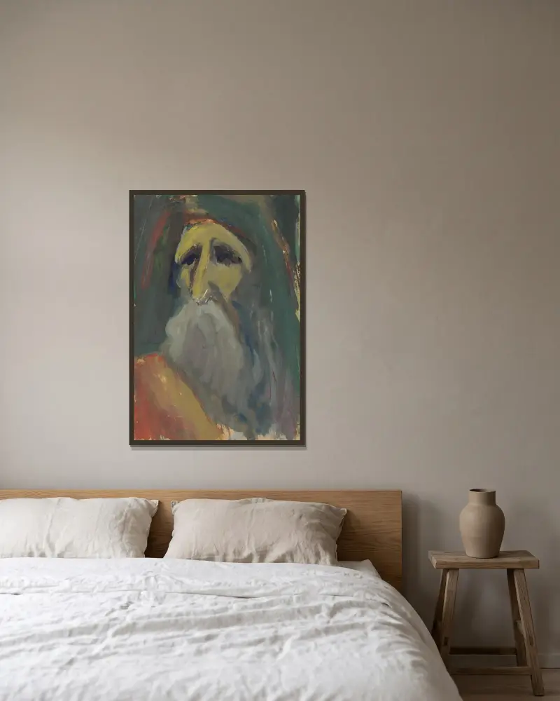 Gubbhuvud av Ján Novák inramad på en vägg