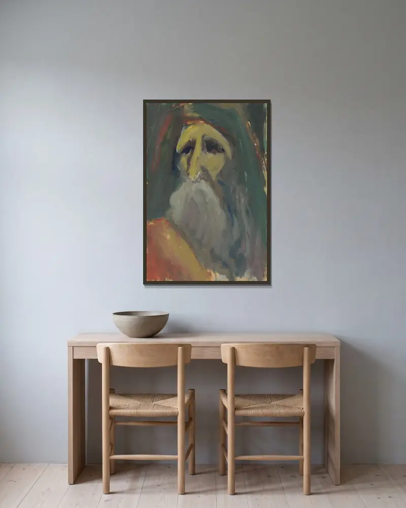 Gubbhuvud av Ján Novák inramad på en vägg