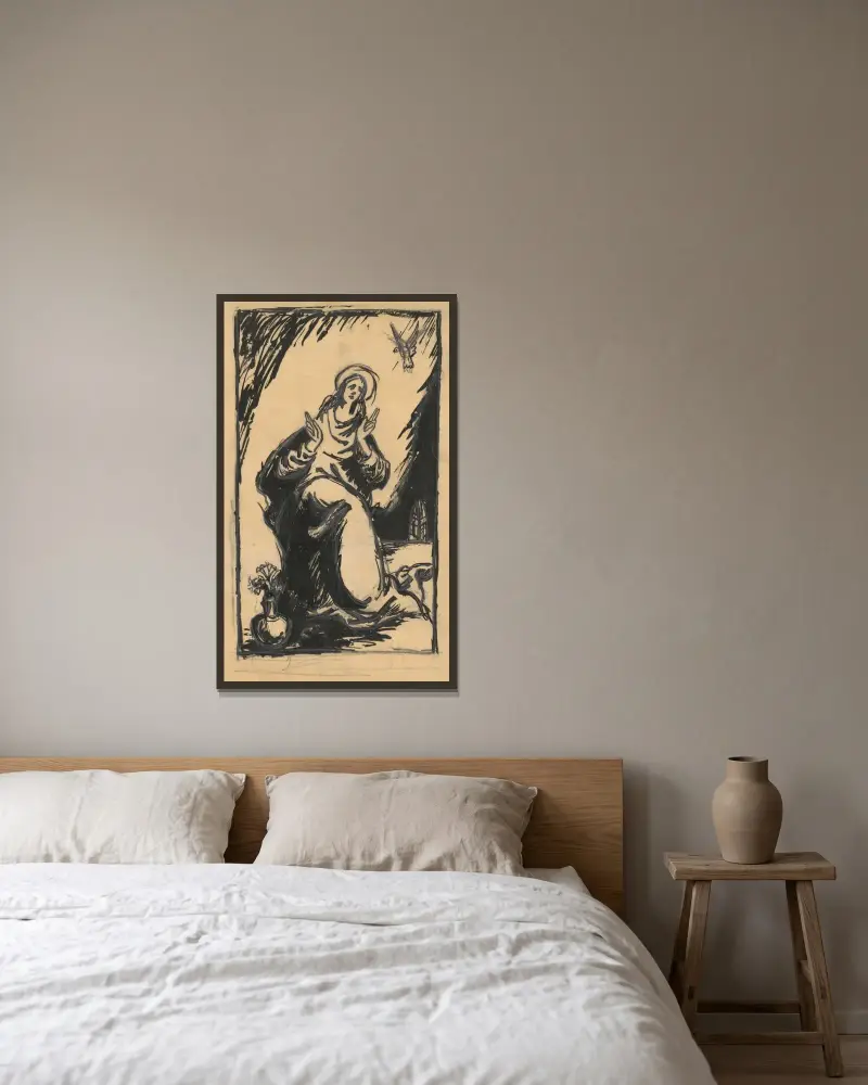 Madonna med vas och blommor av Ján Novák inramad på en vägg