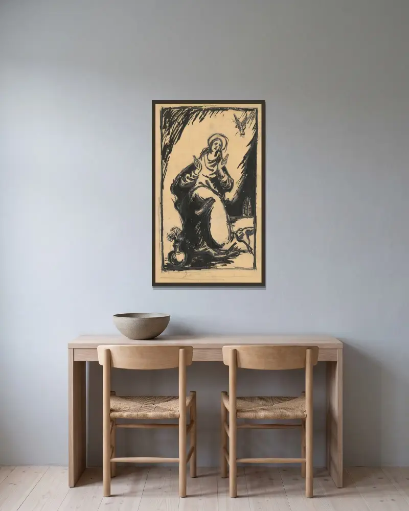 Madonna med vas och blommor av Ján Novák inramad på en vägg